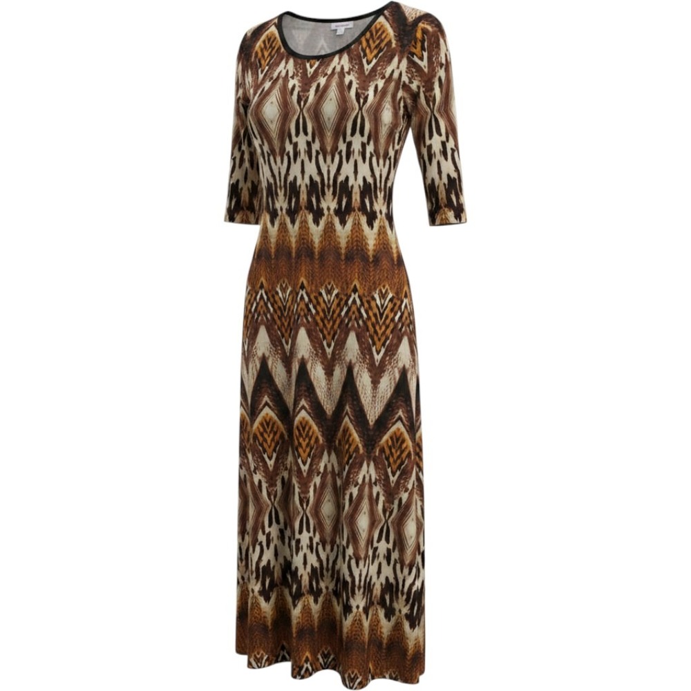 Sunny Leigh Brown Geometric Ikat Print Maxi Dress XL 3/4 Sleeve Scoop Neck